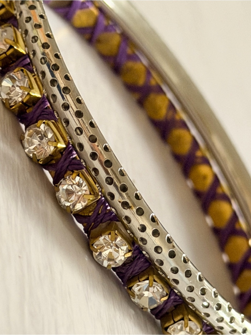 Stacked 2 Silver Purple Satin Wrapped Rhinestone Women's Bangle Bracelets